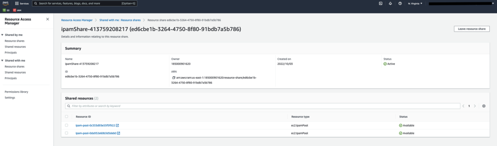 Figure 19. Verify the IPAM Pools shared with the new member Account in the Amazon Resource Access Manager.