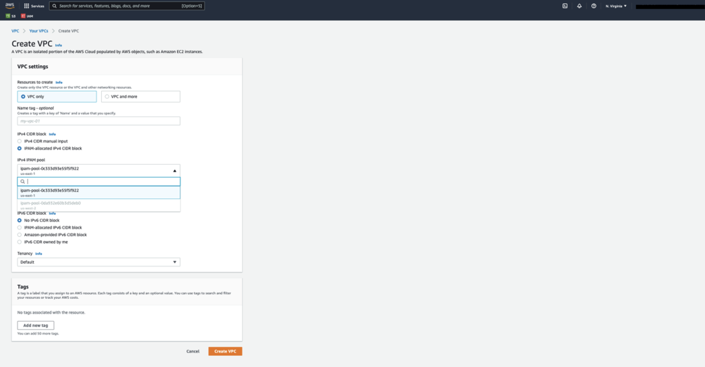 Figure 20. Creating VPC in the new member account and verifying that the IPAM pools are shared.