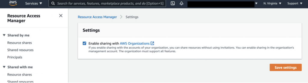 Figure 7. On the Settings page, the Enable sharing with AWS Organizations check box is selected.