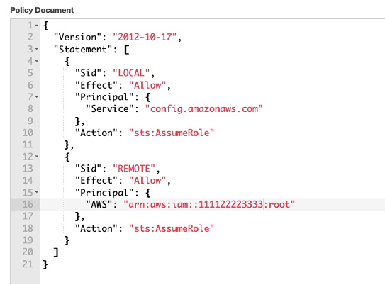 Figure 2 shows a sample IAM role for the AWS Config service and with your compliance account 111122223333 as the principal.