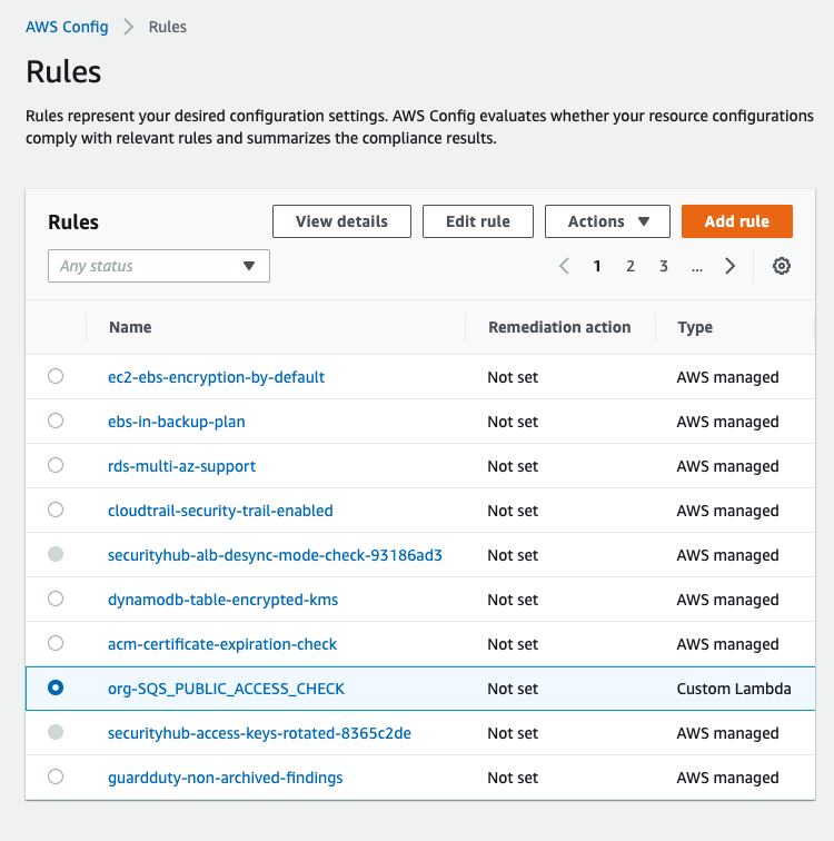 Figure 4 shows a screenshot of the AWS Config console with our newly created rule "org-SQS-PUBLIC-ACCESS-CHECK" created.