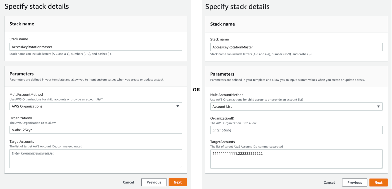 Specify stack details screen with multiple accounts using AWS Organizations or specifying multiple accounts