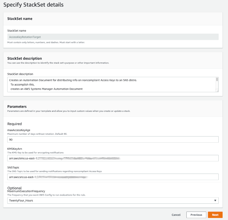 Specify StackSet details page completed with parameters
