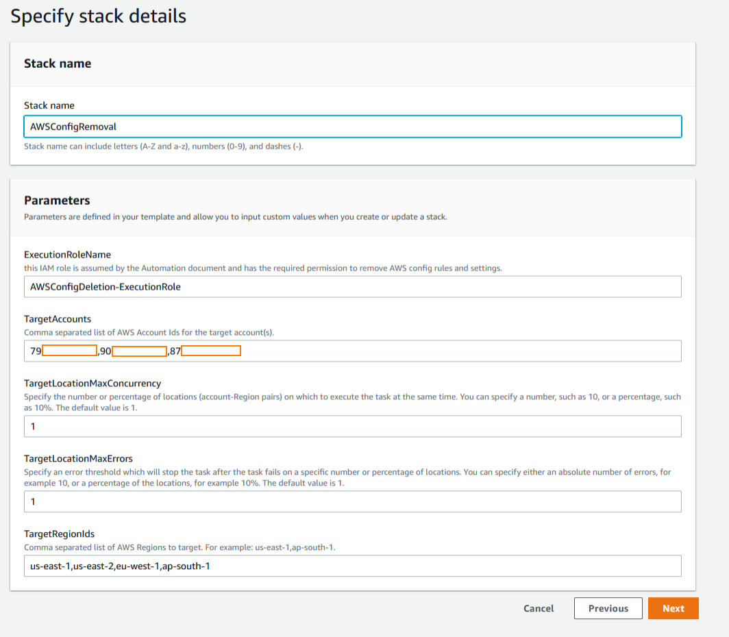 Figure 5. Stack name and parameters