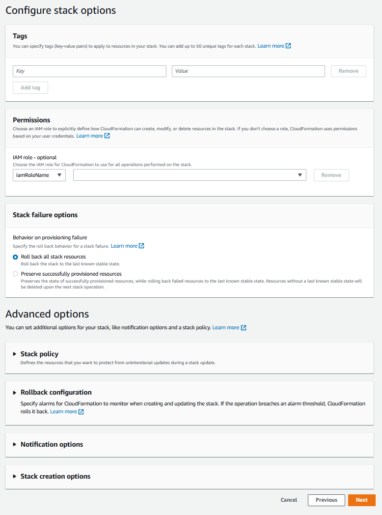 Figure 6. Set the options for your stack