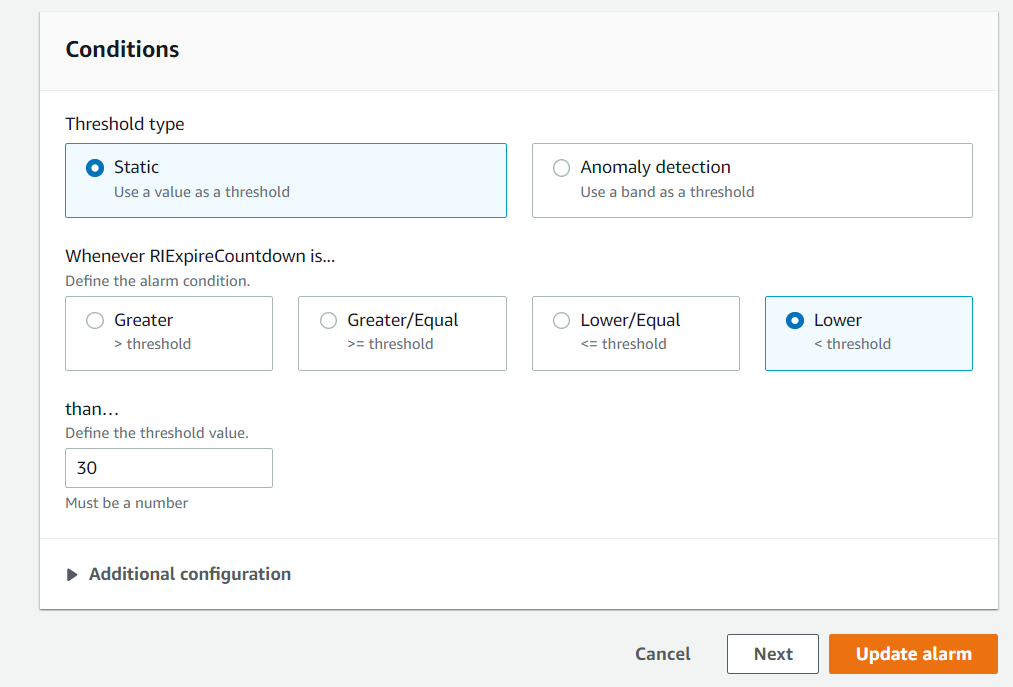 Figure 10: CloudWatch alarm - conditions