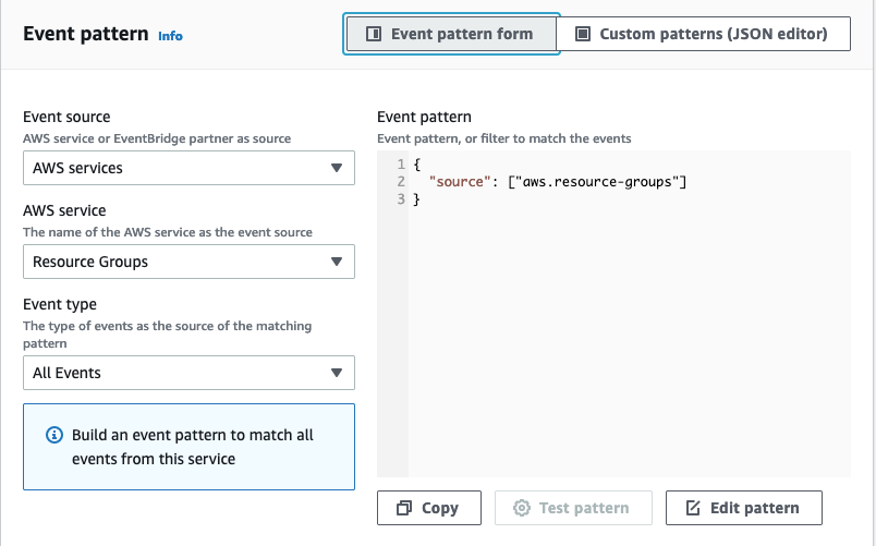 Screenshot of how to configure EventBridge rule in the console, described in the steps one to four.