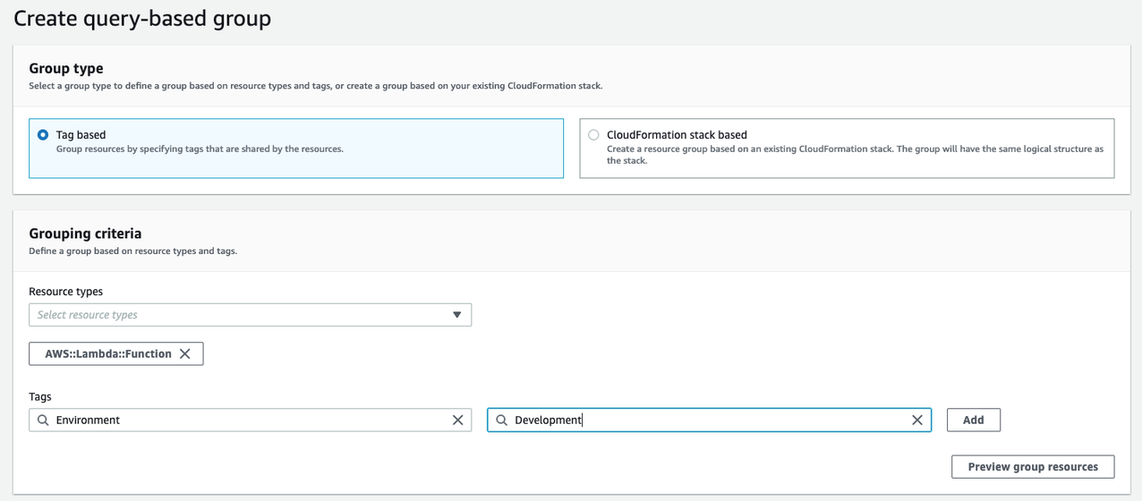 Screenshot of how to create a tag-based resource group via AWS console, described in the steps two to four.