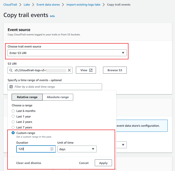Figure shows Copy trail events configuration 