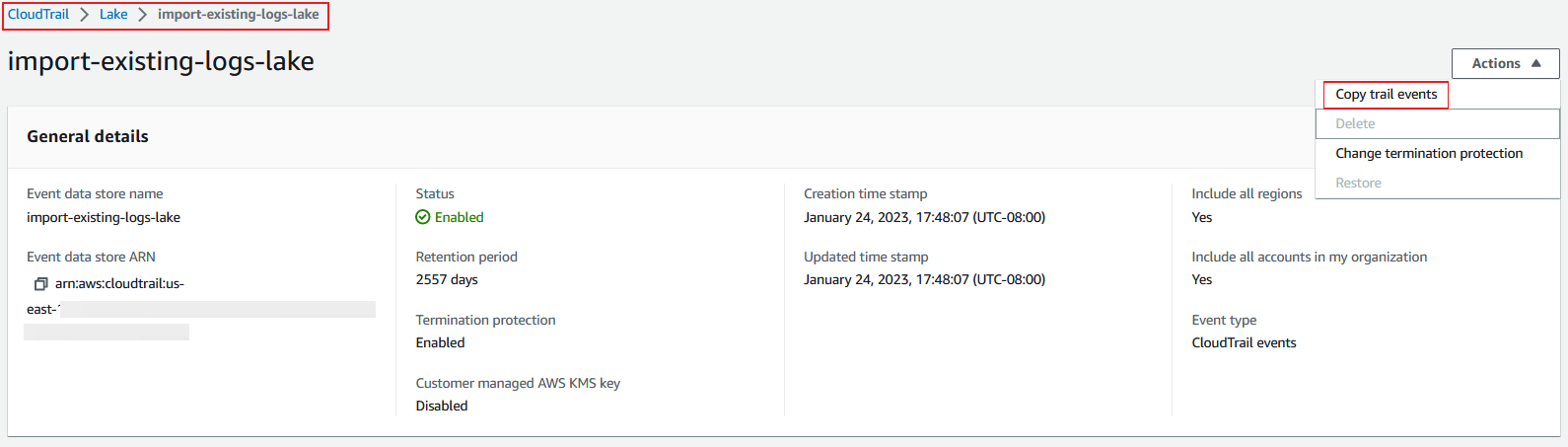 Figure shows Copy trail events drop down from Actions menu