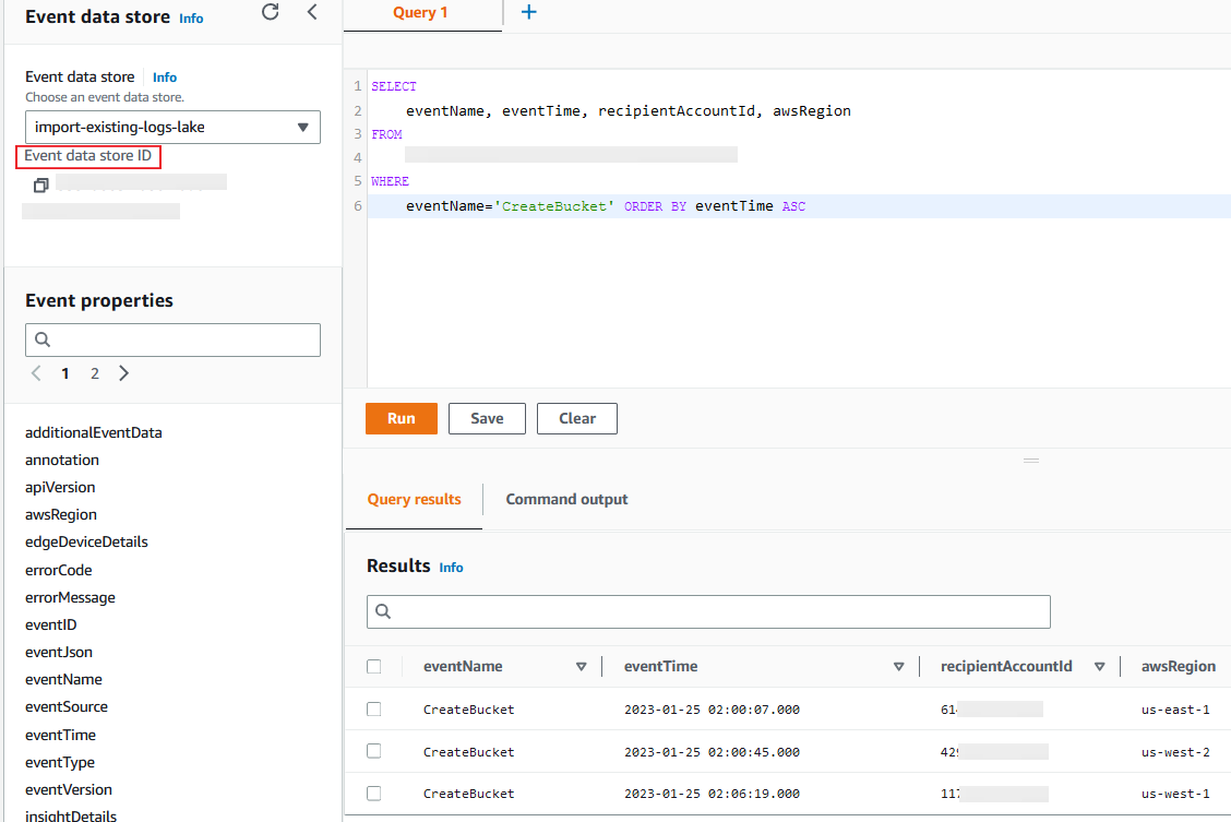 Figure shows query results from event data store