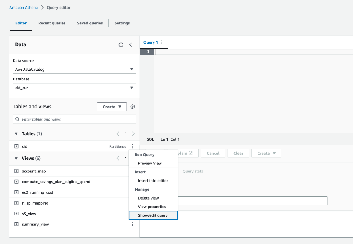 Figure 19. ] Within the Query Editor of AWS Athena, we can select the 3 vertical dots next to our Views to then select “Show/edit query”.