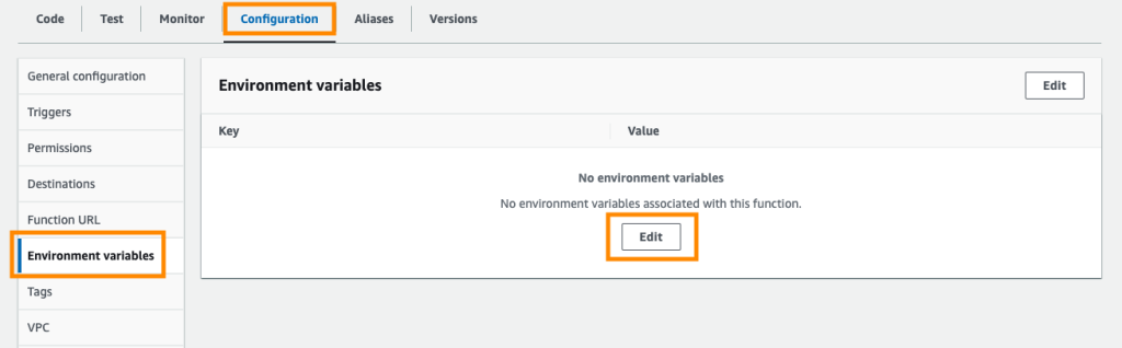 Configuration tab for the Lambda function where a new environment variable is added