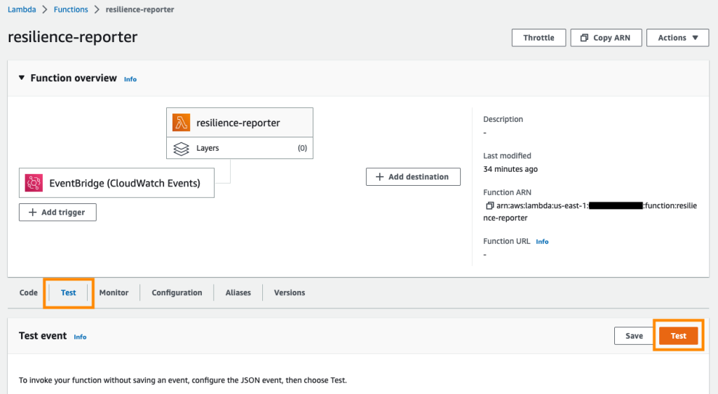 Test tab of the Lambda function to perform a test invocation of the function