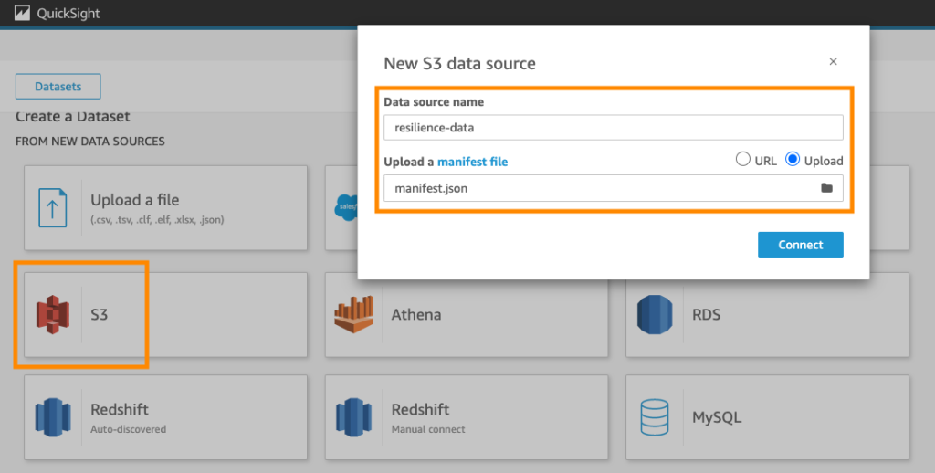 S3 selected as the data source, and resilience-data entered as the data source name and the manifest file uploaded from the local machine