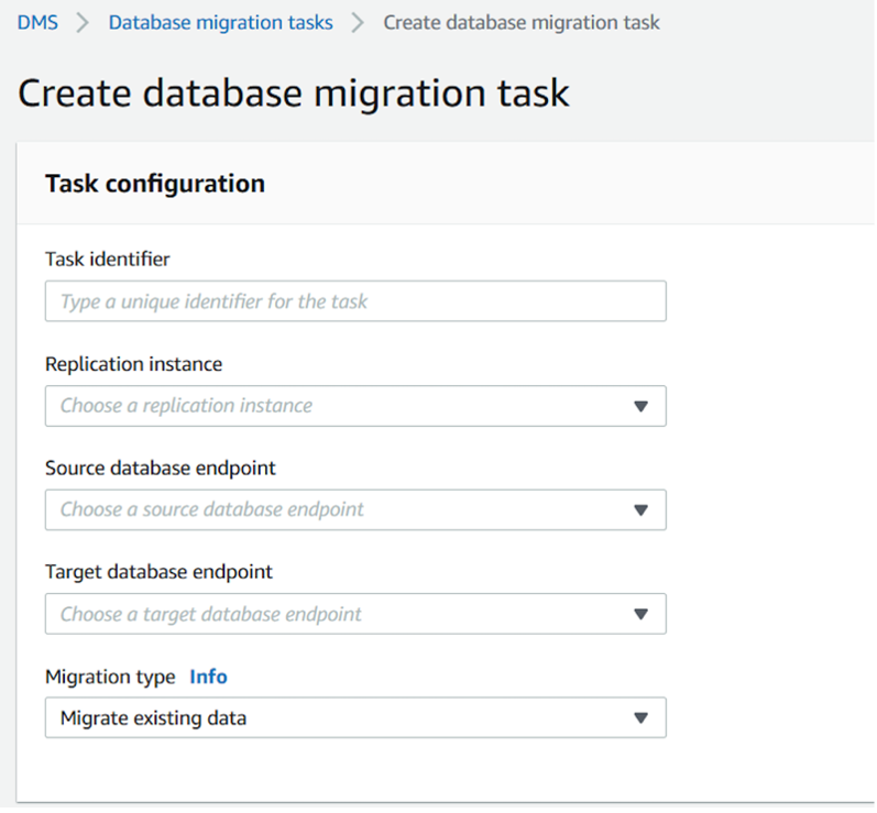 DMS task to migrate databases