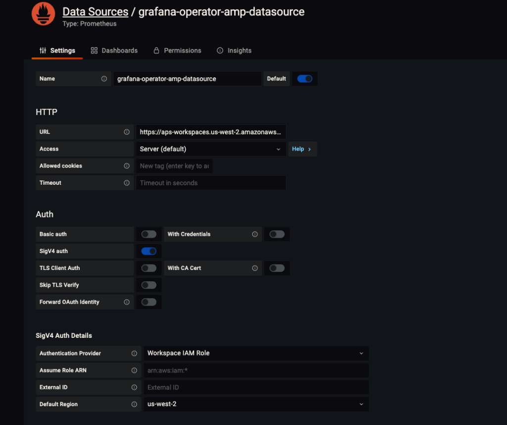 Amazon&nbsp;Managed&nbsp;Grafana&nbsp;console to configure data source for Amazon Managed Service for Prometheus