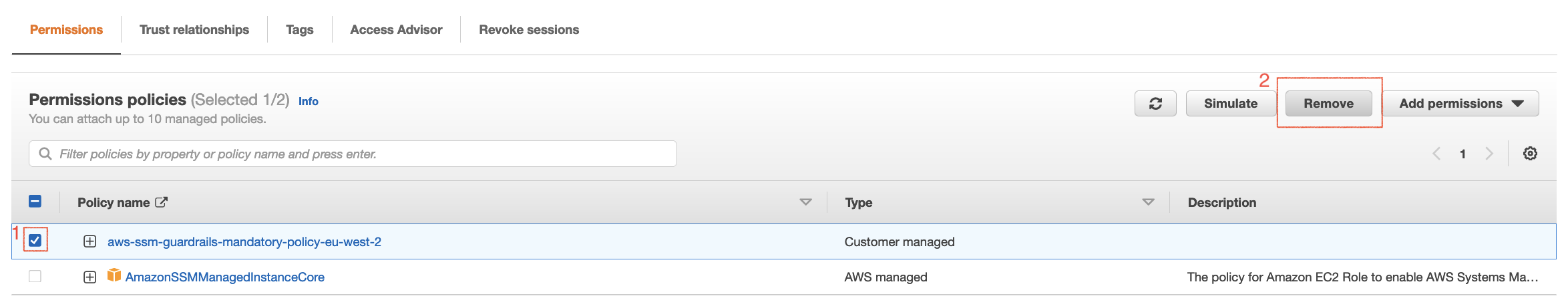 The image shows a screenshot of the IAM console, specifically the “Permissions” tab for the role you used as part of your EC2 instance profile. The image highlights the actions you need to take to detach the mandatory solution policy from that role: select the policy and then click “Remove”.