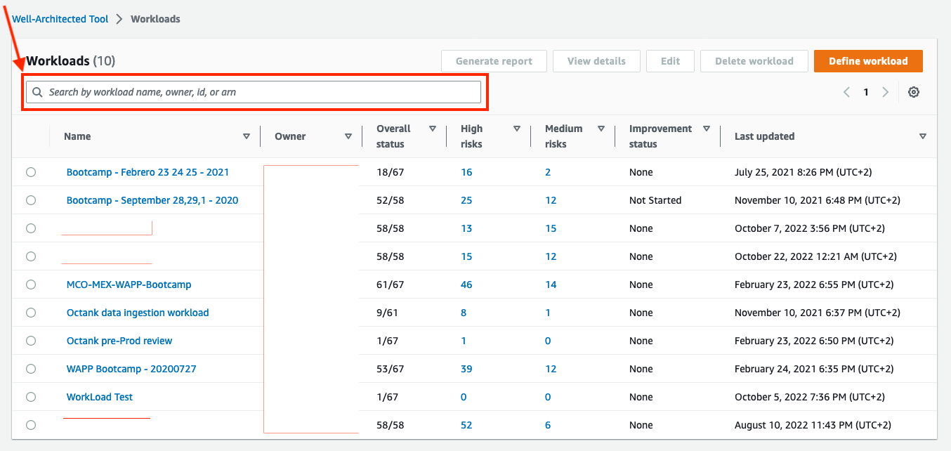 Screenshot that shows the Workload section of the Well-Architected Tool. It shows an example of the new enhanced search capability.