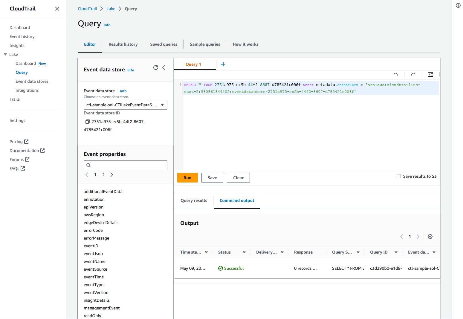 Screenshot of CloudTrail Lake Query