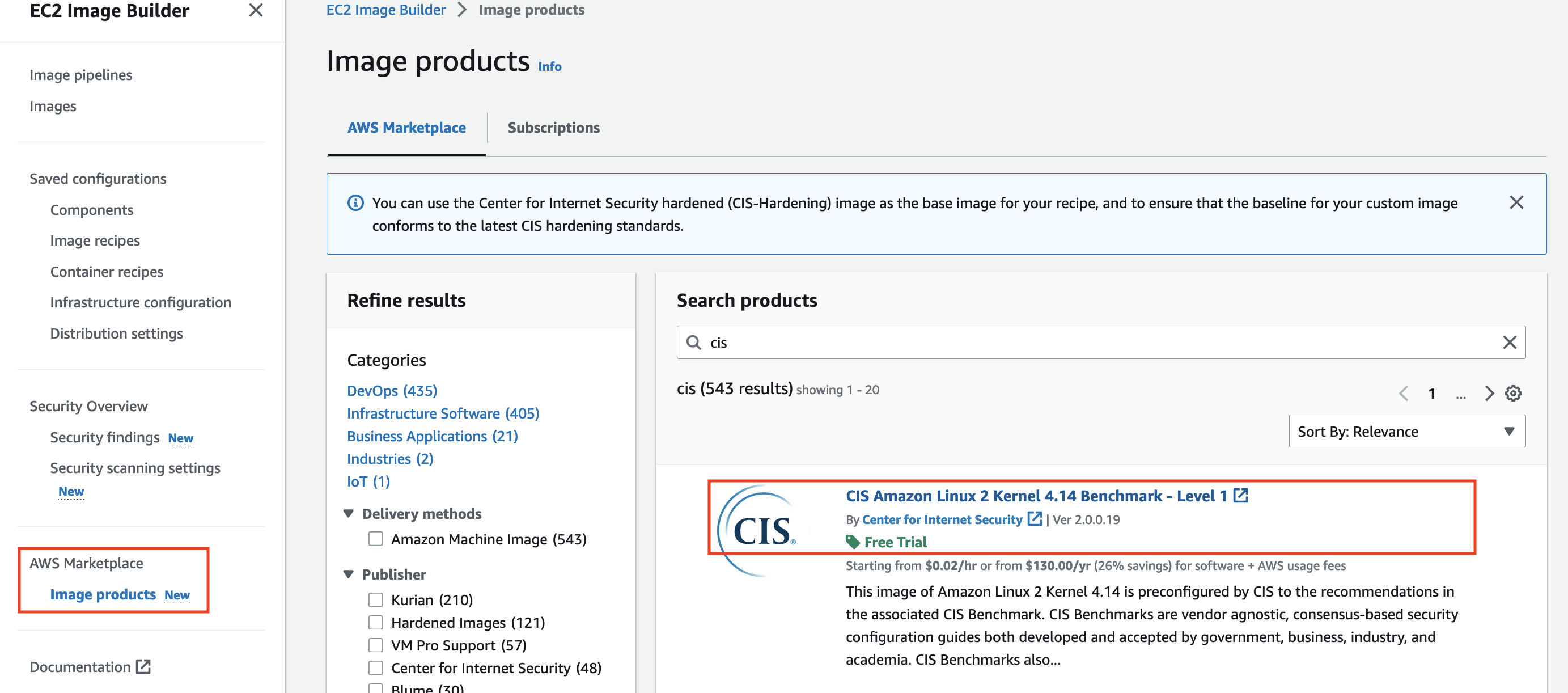Figure 2: Finding base CIS Image from AWS Marketplace Image products In this picture, we searched for CIS in the AWS Marketplace Image Products and clicked on the CIS Amazon Linux 2 from search results.