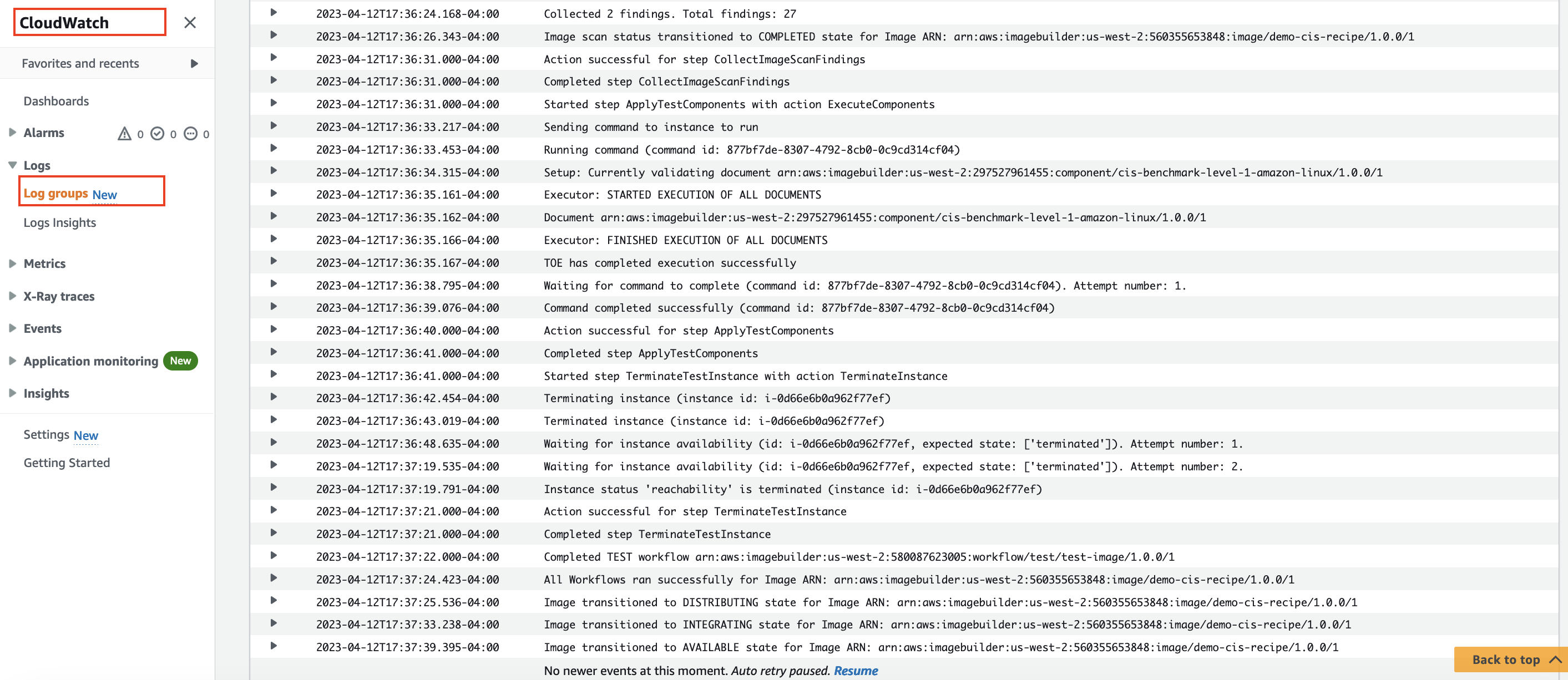 Figure 11: Viewing Image creation logs from Amazon CloudWatch Log groups We clicked on the Log stream as visible on visible screen which takes us to Amazon CloudWatch where we see the log stream of the newly built image under Log groups in CloudWatch logs. Last line of the logs shows Image transmitted to Available for the newly created Image ARN.