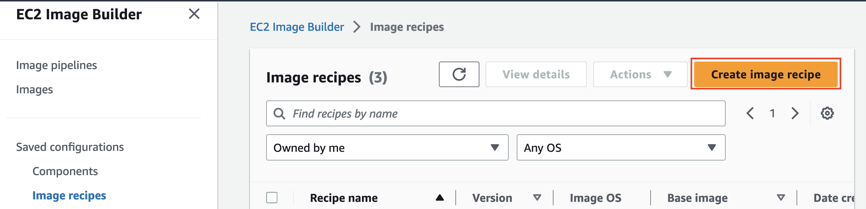 Figure 4: Create image recipe In the image, we are in EC2 Image Builder console in Image recipes section and clicking on Create image recipe.