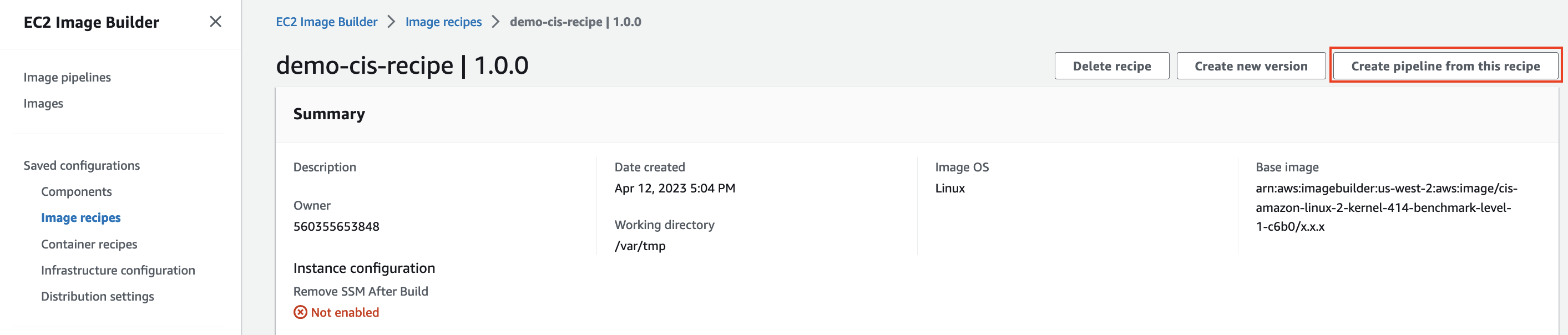 In this image, we open the demo-cis-recipe and creating a new pipeline from this recipe by clicking on the Create pipeline from this recipe on top right corner of the page.