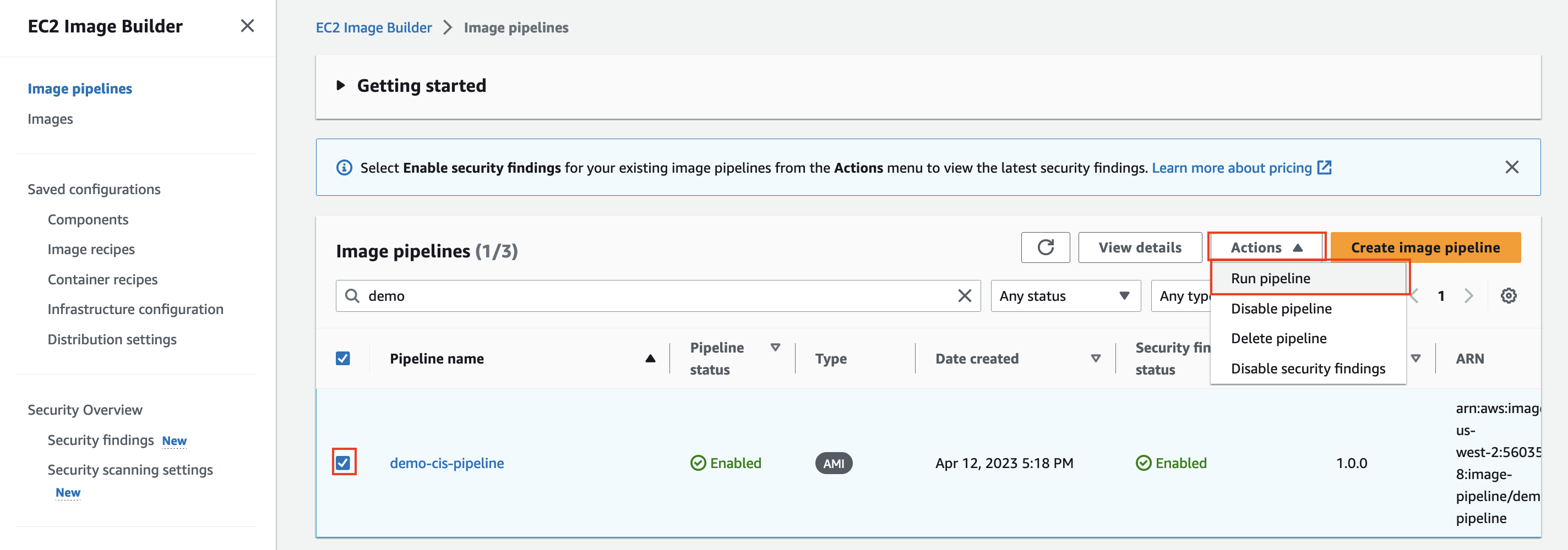 Figure 9: Creating an Image from your Image pipeline This image shows is selecting our Image pipeline in EC2 Image Builder console by clicking on checkbox right beside it and then going to actions Menu on top right and selecting "Run pipeline".