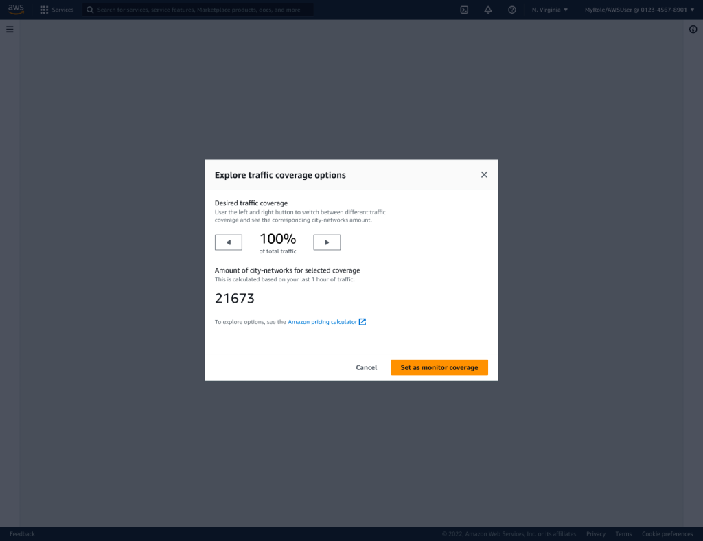 Explore traffic coverage options screen The desired traffic coverage shows 100% with left and right arrows. The amount of city-networks for selected coverage is 21673. There is a button labelled "Set as monitor coverage". 