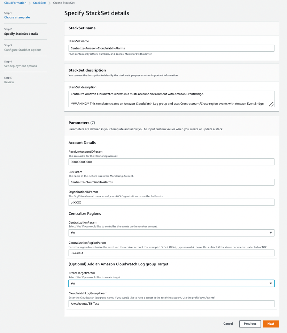 CloudFormation Create StackSet details page