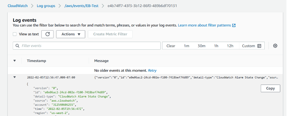 CloudWatch Log group events page
