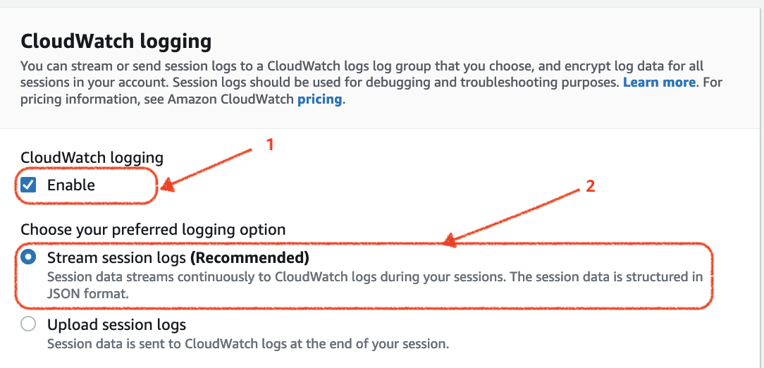 Configure stream session logs data to CloudWatch.