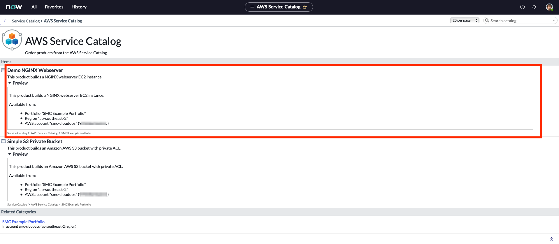 Diagram showing ServiceNow AWS Service Catalog with the 'Demo NGINX Webserver' product.