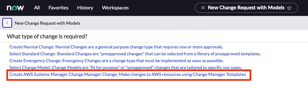 Diagram showing ServiceNow screen to make changes to AWS resources using Change Manager Templates