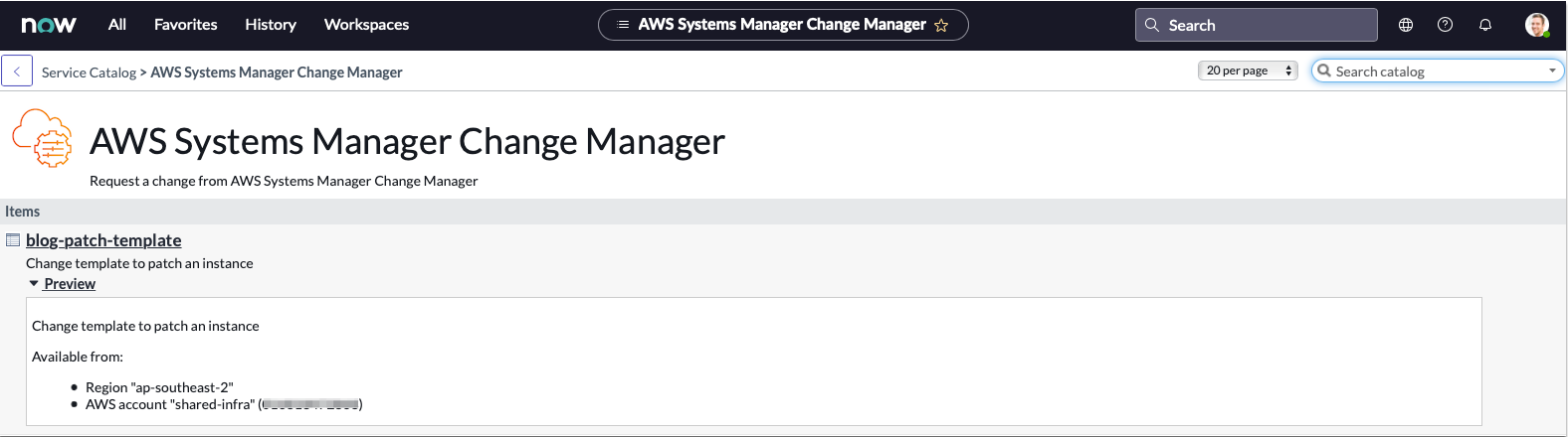 Diagram showing the ServiceNow AWS Systems Manager Change Manager with blog-patch template