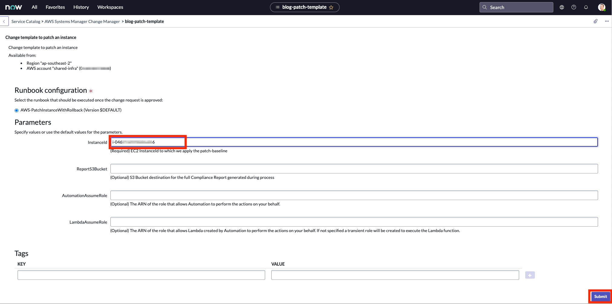 Diagram showing the input parameters for the blog-patch-template
