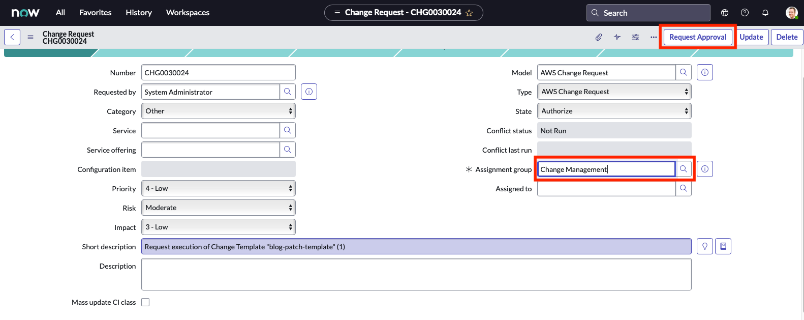 Diagram showing the first page of the ServiceNow change request form