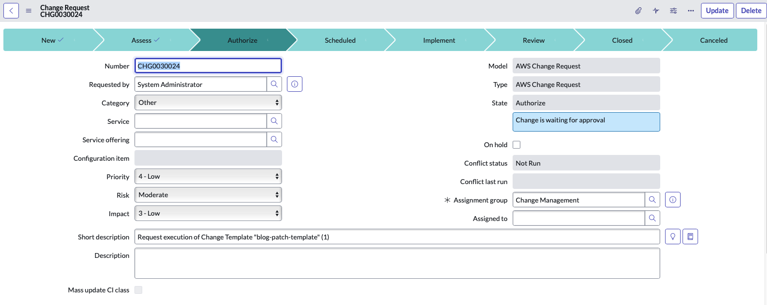 Diagram showing the authorise stage of the ServiceNow change request form