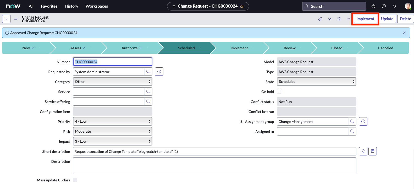 Diagram showing the scheduled stage of the ServiceNow change request form