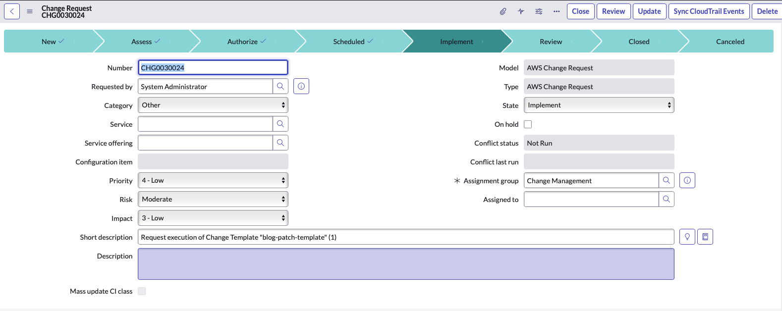 Diagram showing the implement stage of the ServiceNow change request form