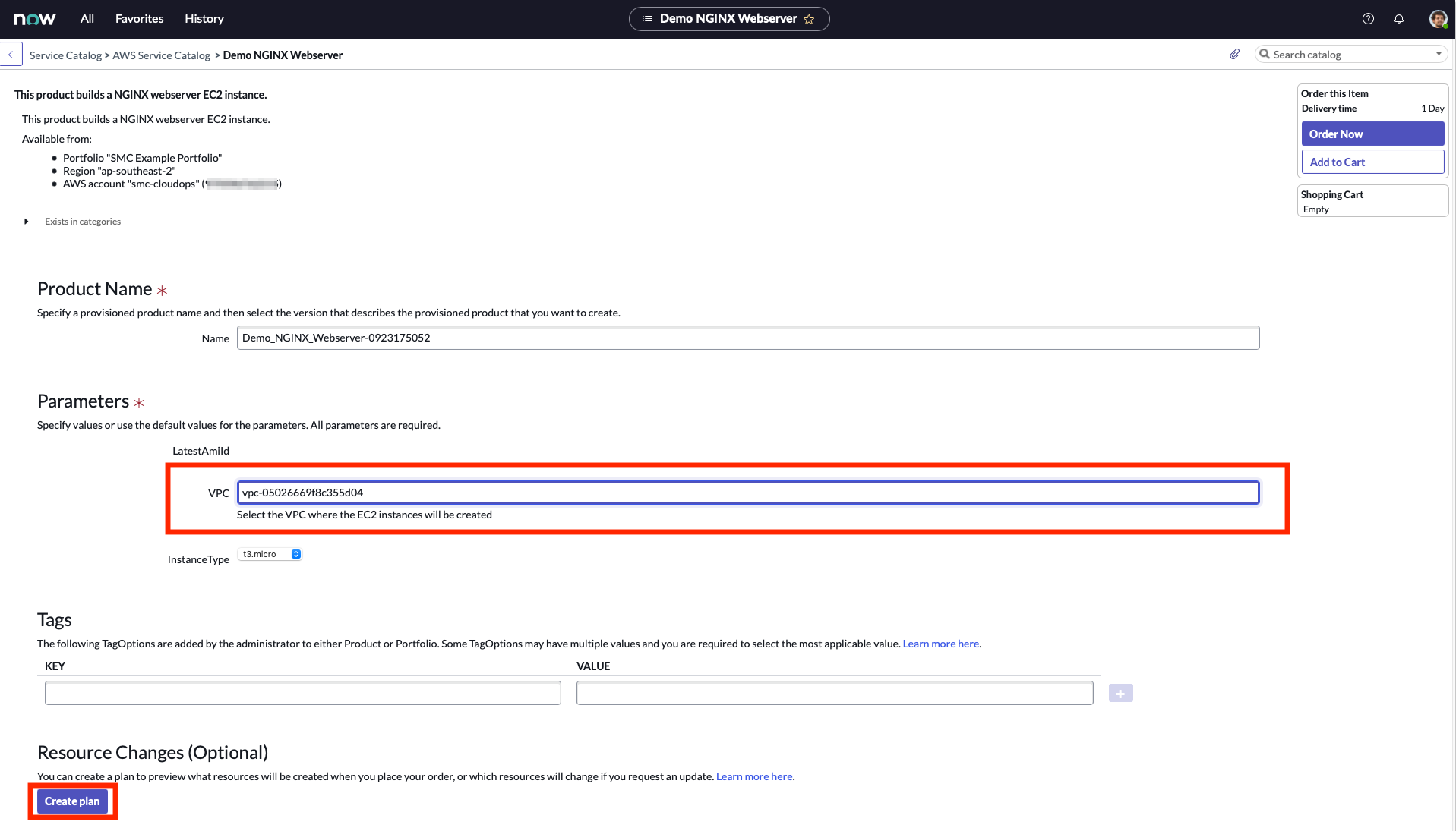 Diagram showing ServicNow input parameters for the 'Demo NGINX Webserver' product, with the option to create a plan.
