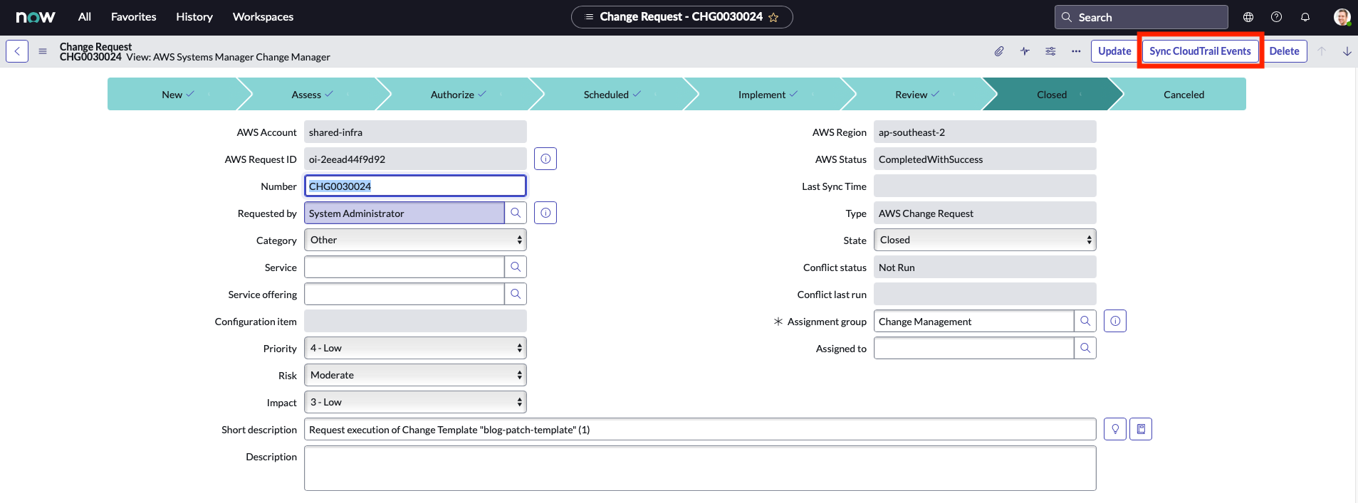 Diagram showing the closed stage of the ServiceNow change request form with the option to Sync CloudTrail Events