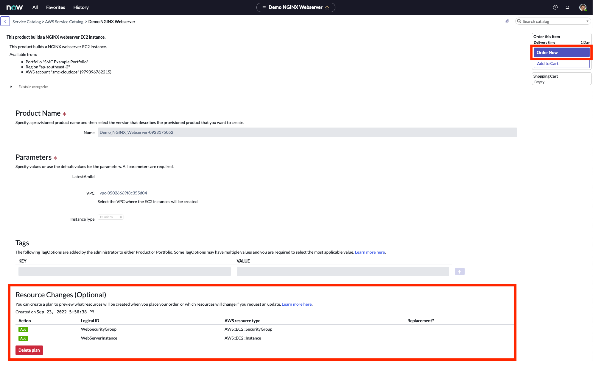 Diagram showing the 'Demo NGINX Webserver' product, with resource changes and the option to order now.