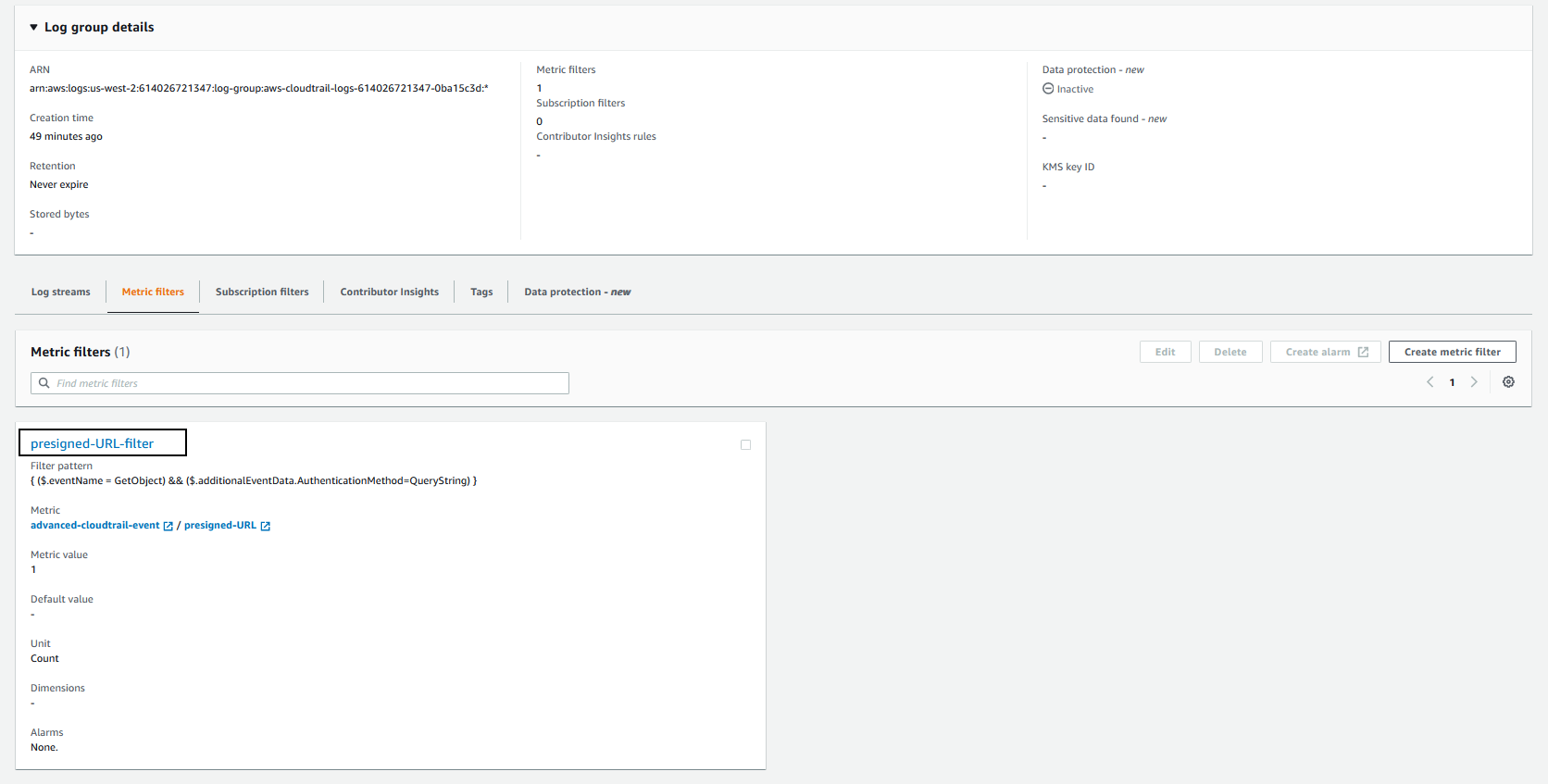 Figure shows created metric under Metric Filters