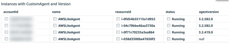 Instances with AWSLiteAgent version and status. 