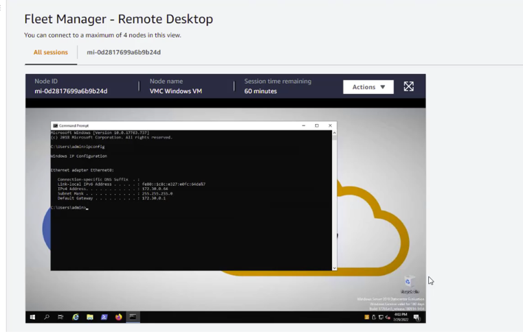 AWS Systems Manager Session Manager enables secure session login to the VMC VM without the need to open inbound ports or maintain bastion hosts