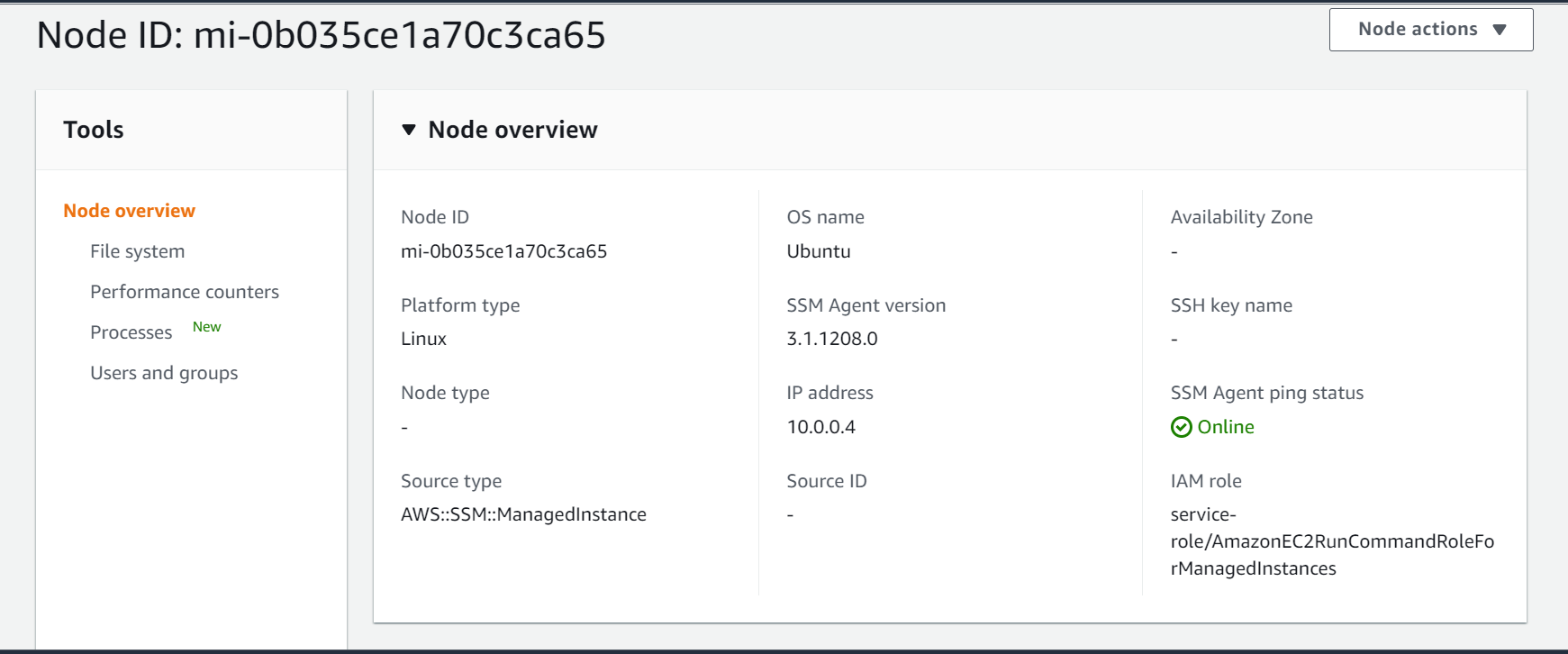 Node details of the VMC VM using Systems Manager Fleet Manager