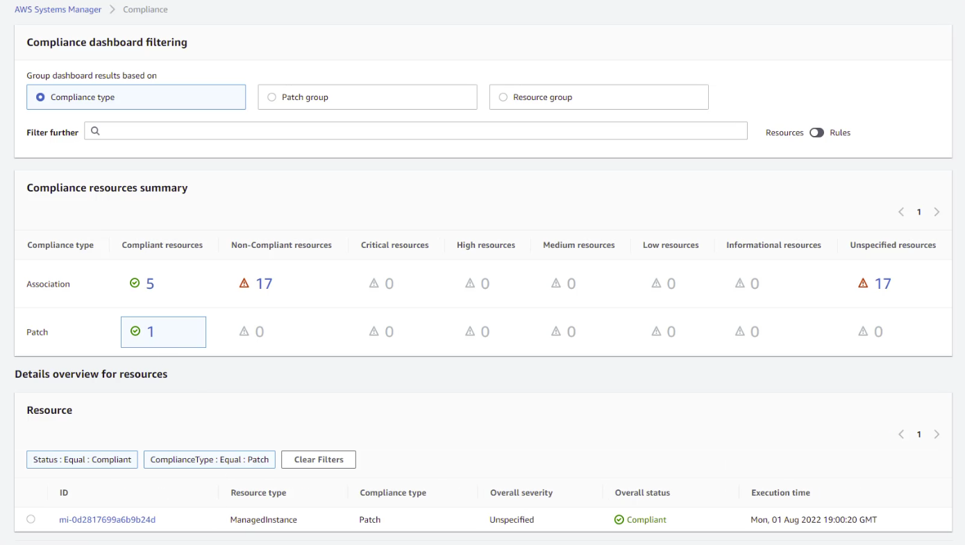 VMC VM showing successful patching with Systems Manager Patch Manager compliance reporting