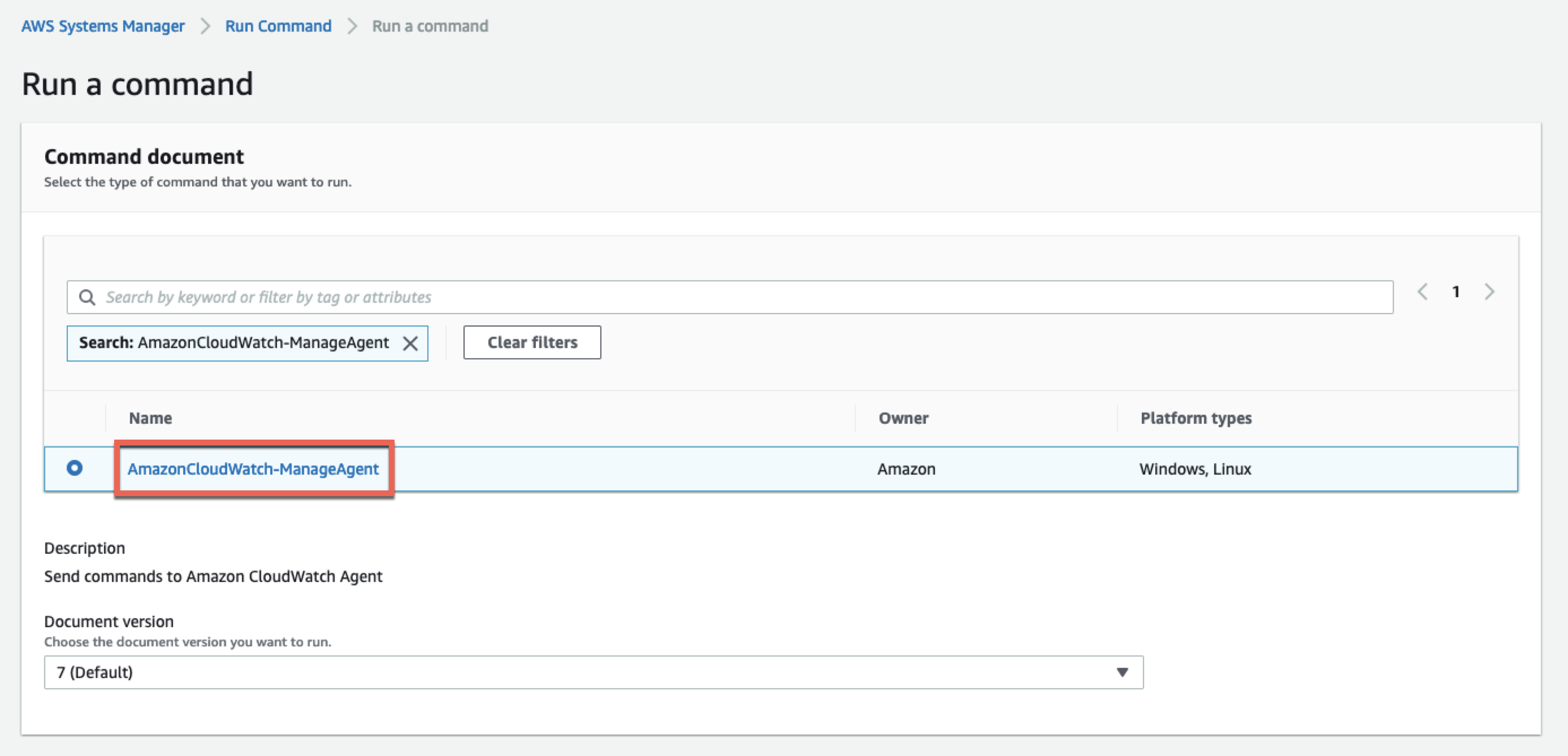 Screenshot of selecting AmazonCloudWatch-ManageAgent document with AWS SSM Run command to start CloudWatch agent